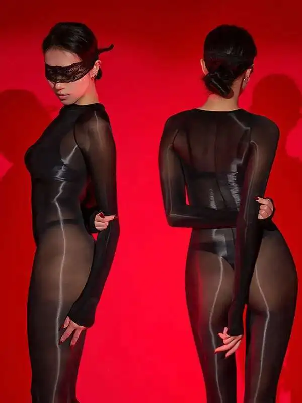 오로라 SM 점프 슈트 섹시한 오픈 가랑이 블랙 실크 초박형 투명 반짝 이는 로맨틱 여성 바디 슈트 패션 여성 탑 ZUQ8