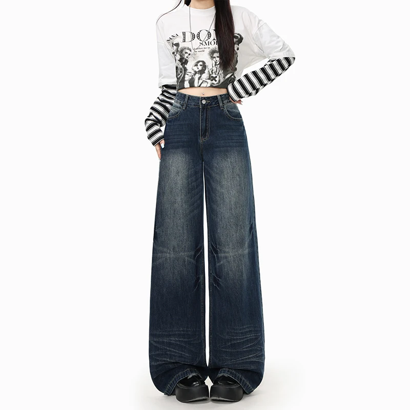 

American retro vintage cat-ear design straight-leg jeans for women, loose-fitting, slimming, high-waisted, wide-leg, floor-lengt