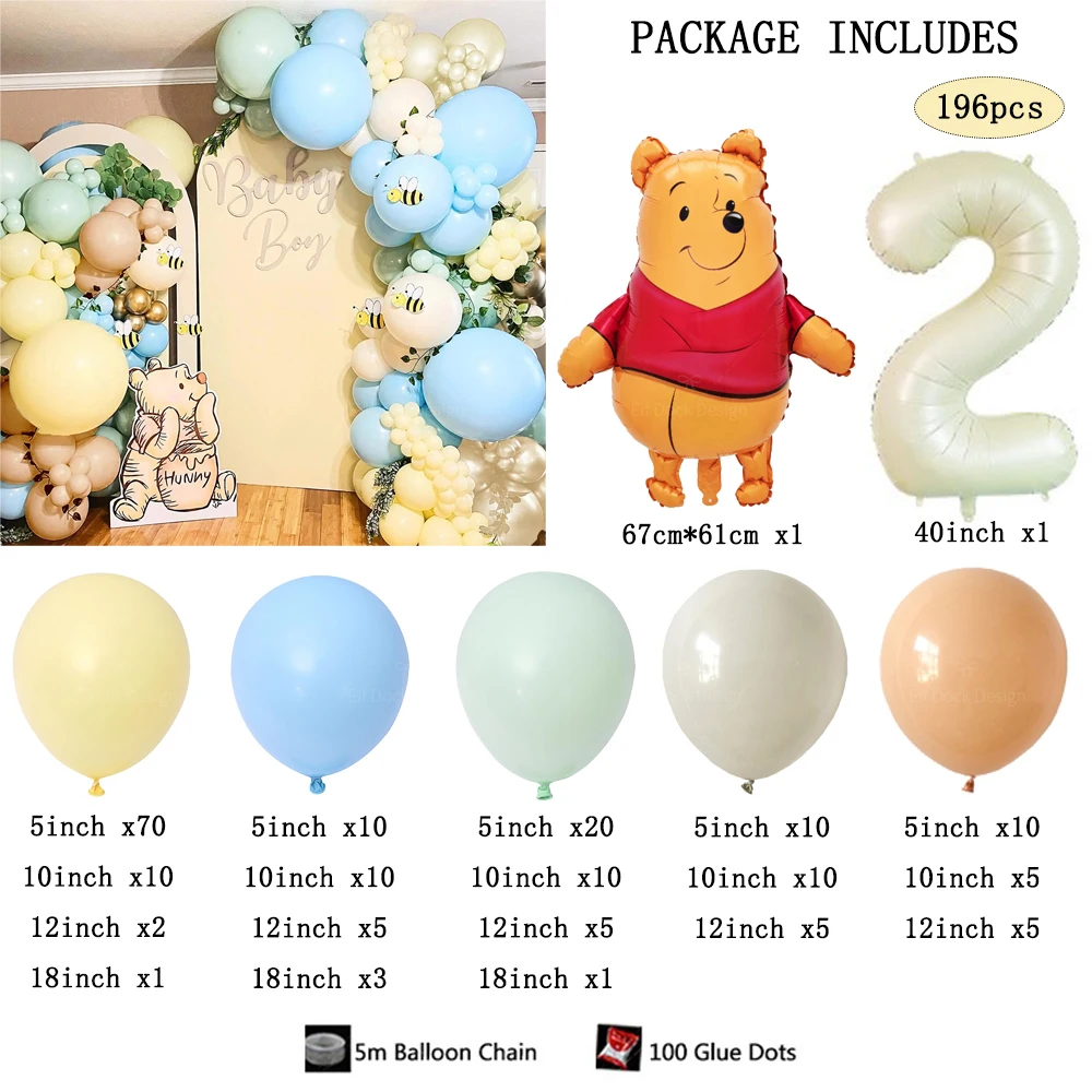 196pcs Winnie Bear Bee Themed party Balloon Arch Kit 40Inch Cream 1-9 Foil Number Balloon for kids Birthday Baby Shower Gifts