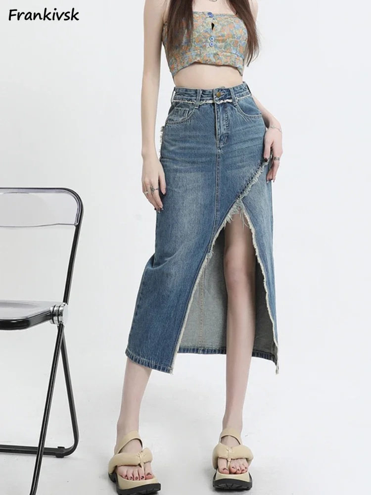 Asymmetrical Skirts Women Frayed Summer Hotsweet European Style Retro Denim Mid-calf Bleached All-match Streetwear Chic Faldas