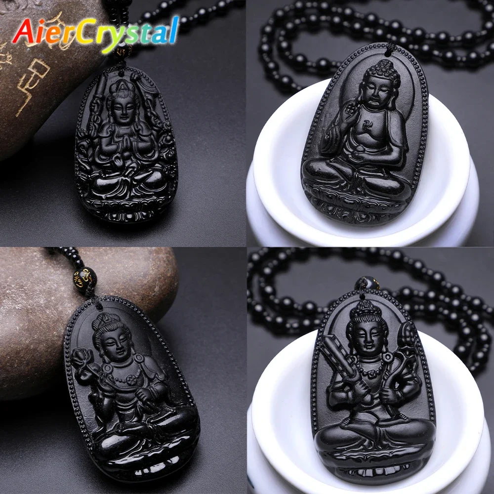 Natural Stone Black Obsidian Amitabha Carved Tathagata Buddha Lucky Amulet Pendant Necklace Jewelry for Women Men Beads Pendants