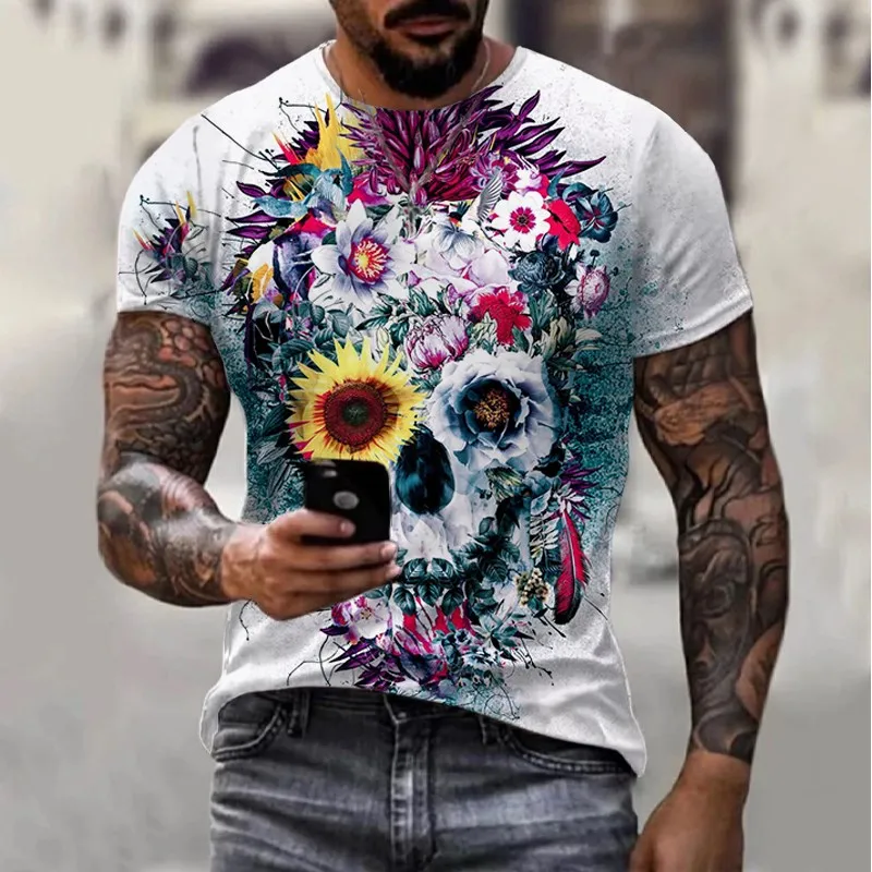 2023 summer New Men\'s Retro round neck T-shirt 3D Print Skull Pattern Trend Fashion Loose  Short Street Sleeve Tops Men Garment