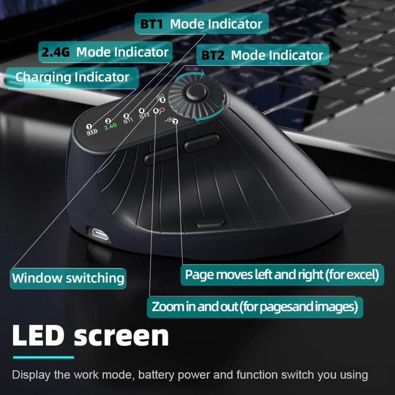 Dual Mode Vertical Mouse with LED Screen Knob Adjust Wireless Bluetooth Charging Ergonomic Optical 2.4G Computer Laptop PC Mice