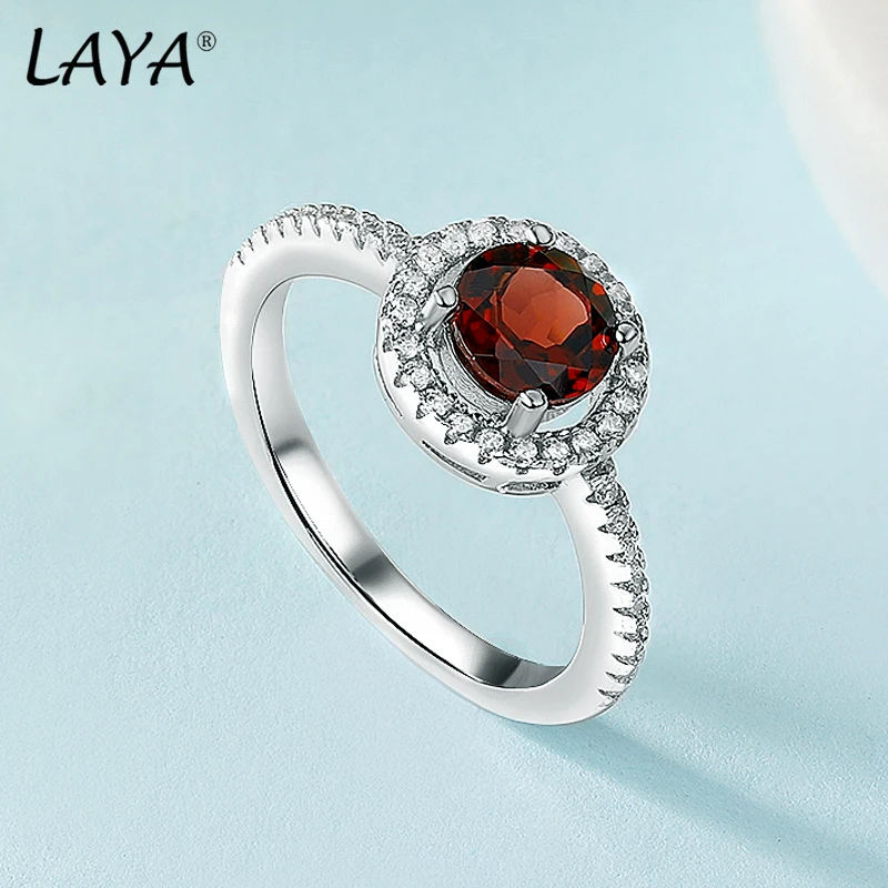 

LAYA 925 Sterling Silver Round Brilliant Cut Gemstone Natural Garnet Finger Rings For Women Wedding Engagement Fine Jewelry