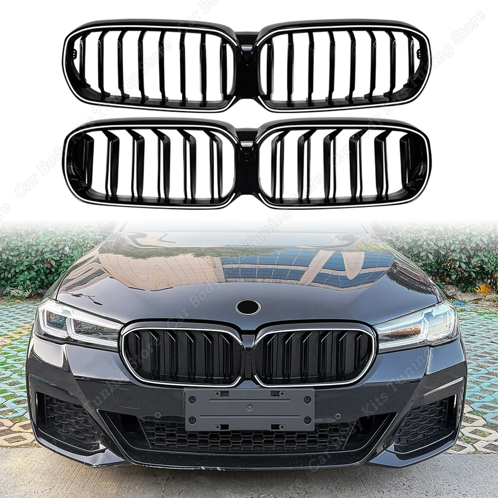 

Глянцевый черный передний бампер, светодиодная решетка для BMW 5 серии G30 G31 F90 LCI 2021-2023, одинарные/двойные планки, верхние решетки для почек