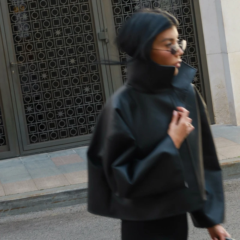 Rollkragen-Kurzjacke aus Kunstleder für Damen, Oversize-Streetwear mit Langen Ärmeln, Einfarbig, Locker Sitzende Mäntel, Schicke Damen-Oberbekleidung, Neue Kollektion – Detail 18