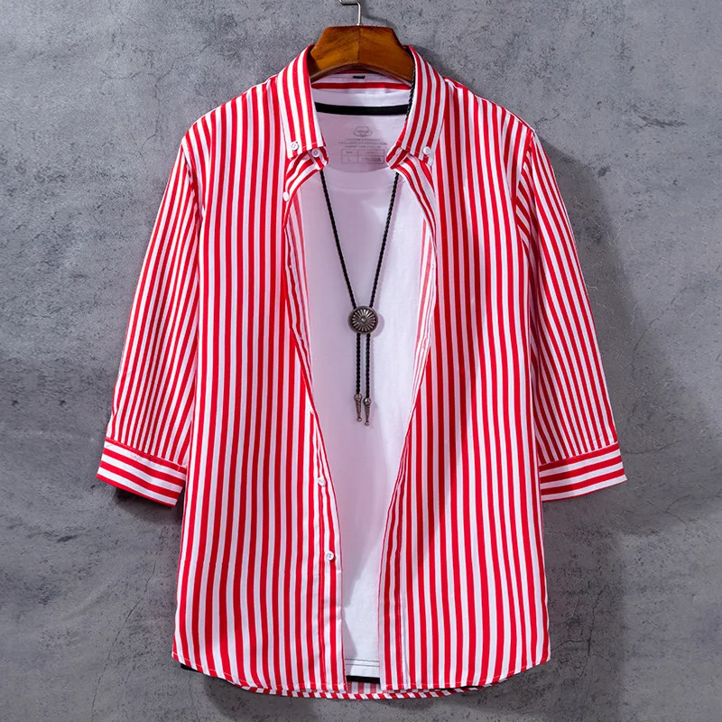 

Slim Fit Men's Shirt Half Sleeve Printed Vertical Stripes Fashionable Youth Student Korean Style Spring Thin Polyester Fiber
