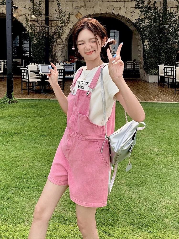

Korean Style Casual High Waist Denim Overalls Women's Summer 2024 Fashion Loose Slimming Short Pants Jumpsuits
