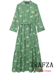 TRAFZA Vintage Casual Chic Women Dress Print O-Neck Long Sleeve Slim Long Straight Vestidos New Fashion 2024 Spring Dress