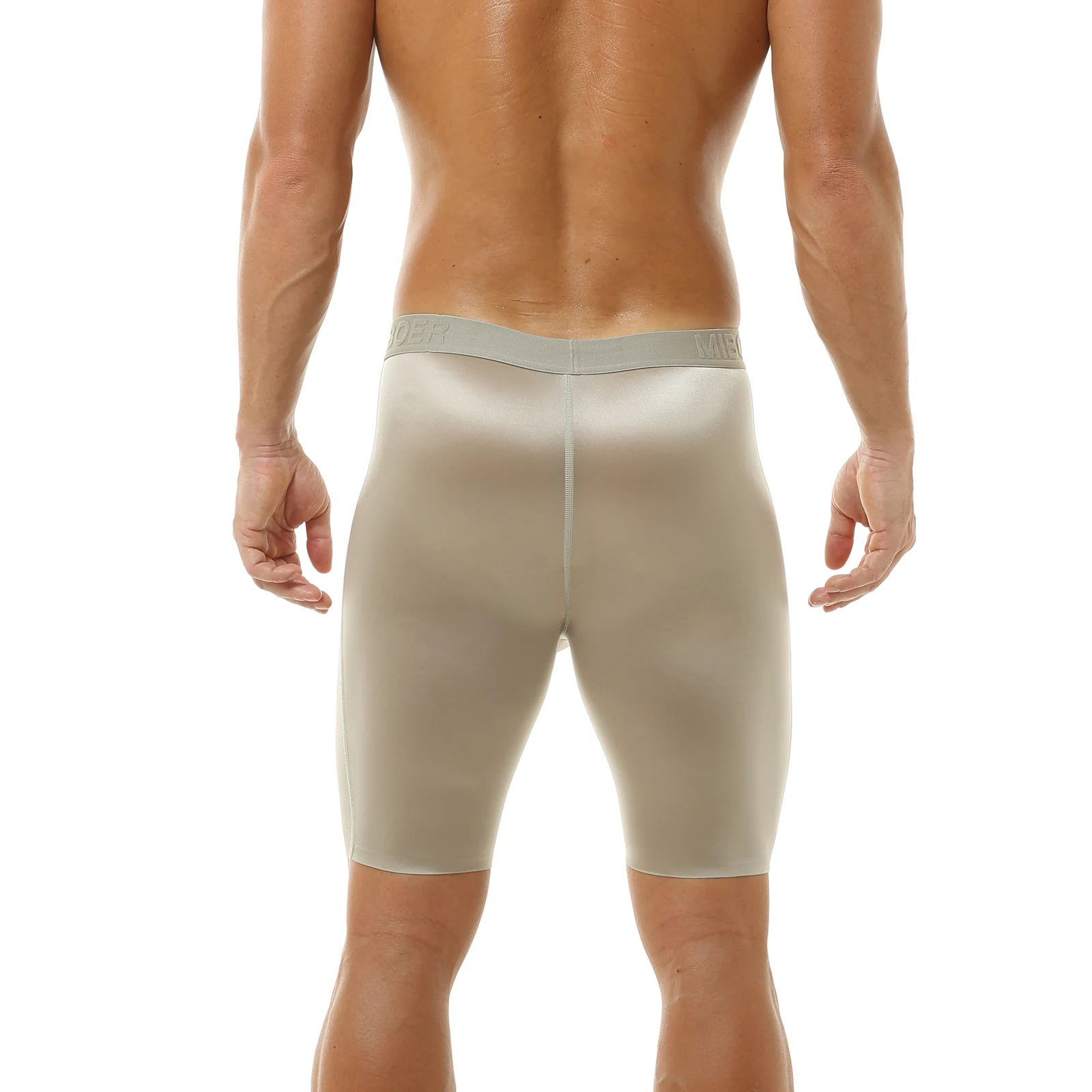 Lange Boxershorts für Herren, glänzende, glatte Satin-Unterwäsche mit U-förmigem, konvexem Taschen-Design, mittellange Boxershorts, breiter Bund, seidige Schlafbekleidung – Detail 24