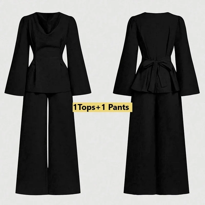

Krisstarsgirls Woman Black Elegant Sets Bowknot Tied Waist Petal Sleeves Blouses Loose Wide Leg Strech Pants Ladies 2 Piece Set
