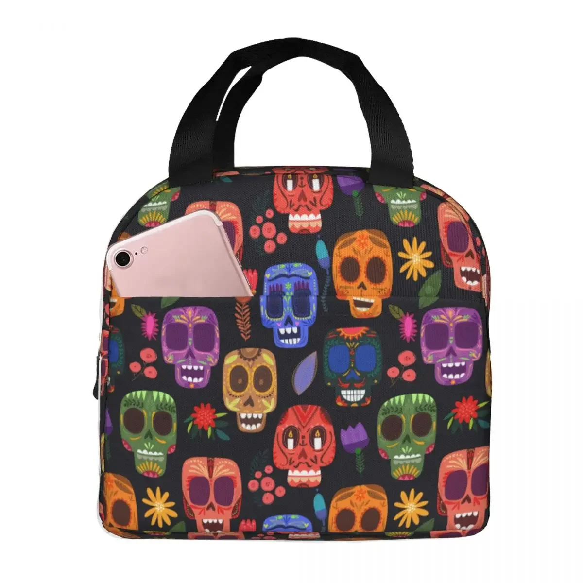 Mexican Day Of Dead Lunch Bag Portable Insulated Oxford Cooler Sugar Skull Thermal Cold Food School Tote for Women Girl