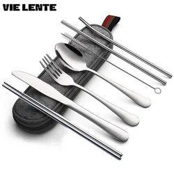 8Pcs/set Tableware Reusable Travel Cutlery Set Camp Utensils Set with Stainless Steel Spoon Fork Chopsticks Straw Portable Case