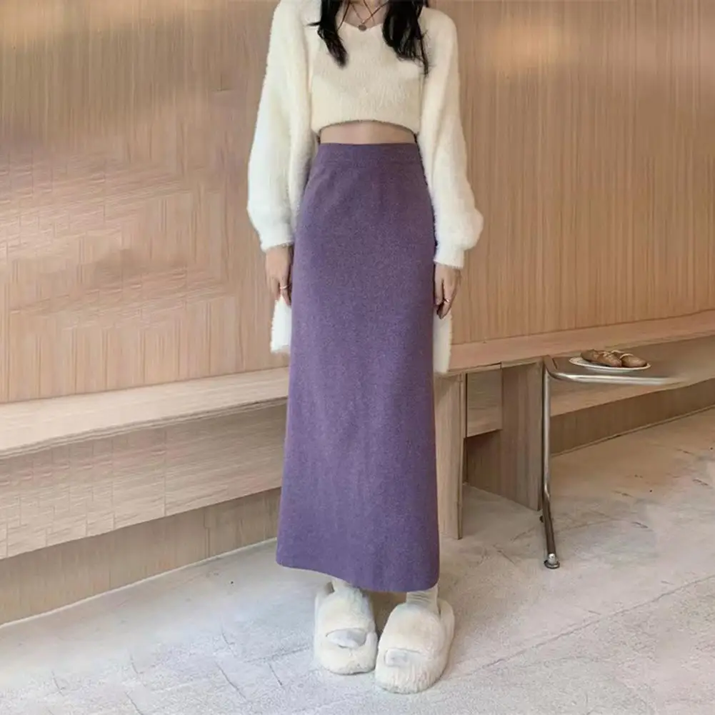 Women Maxi Skirt Elastic High Waist Hip Wrapped Long Skirt Solid Color Casual Knitting Skirt Daily Wear