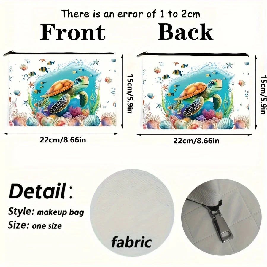 1pc Cute Sea Turtle Canvas Cosmetic Bag with Vibrant Ocean Print Durable Lightweight Zipper Pouch Machine Washable Fade-Resis