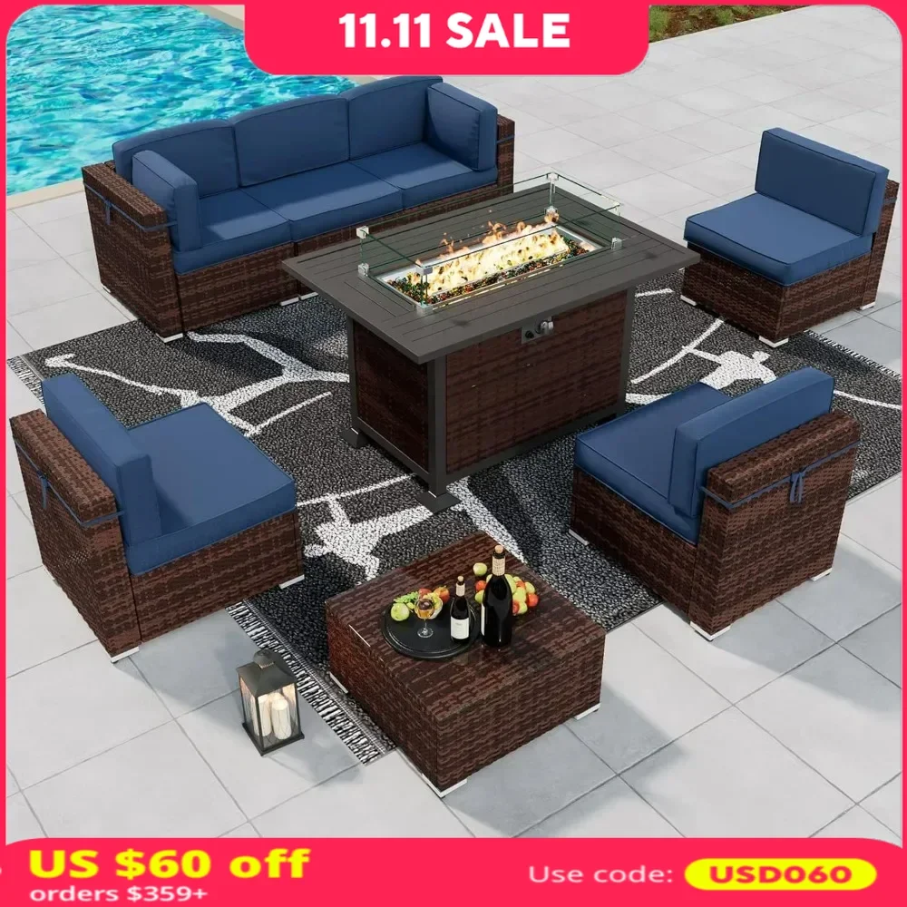 

8 Piece Patio Furniture Sets with Fire Pit Table, w/Gas Fire Pit, Coffee Table, 2 Waterproof Covers,for Patio Back Deck, Balcany