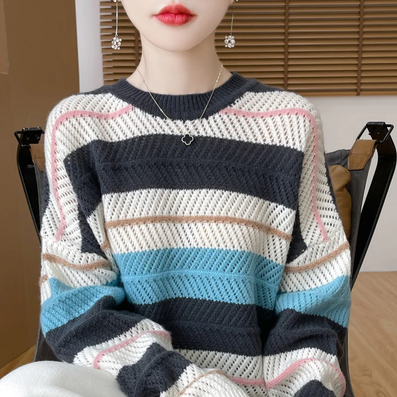 

Women's autumn and winter new sweater 100% pure wool O-neck cashmere sweater striped openwork loose knit casual top