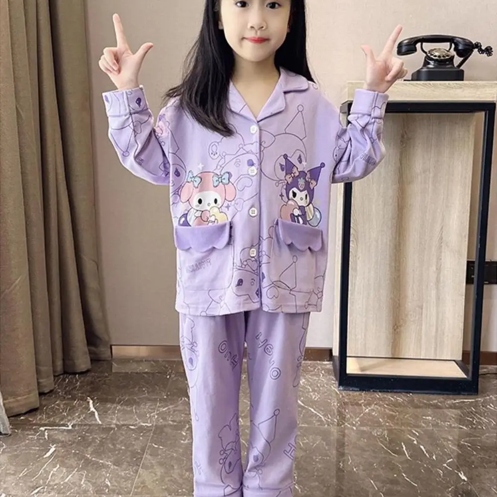 Kuromi My Melody เสื้อผ้าเด็กชุด Pochacco Cinnamoroll Sanrio Kawaii ฤดูใบไม้ผลิใหม่สบายๆแขนยาวพลิกคอชุดนอน