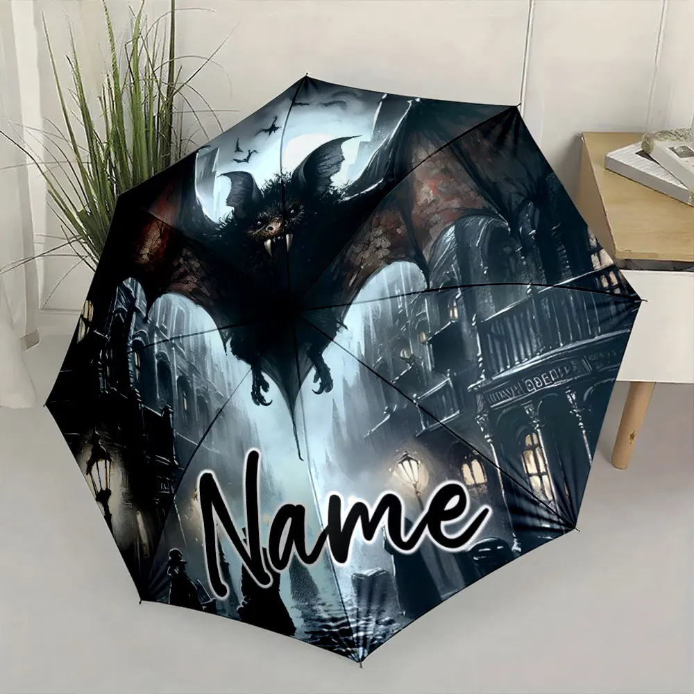 Custom Name Umbrella Gothic Bat Illustration Umbrella Design Print 8 Iron Ribs Folding Umbrella Auto-Open Fashion Sunshade