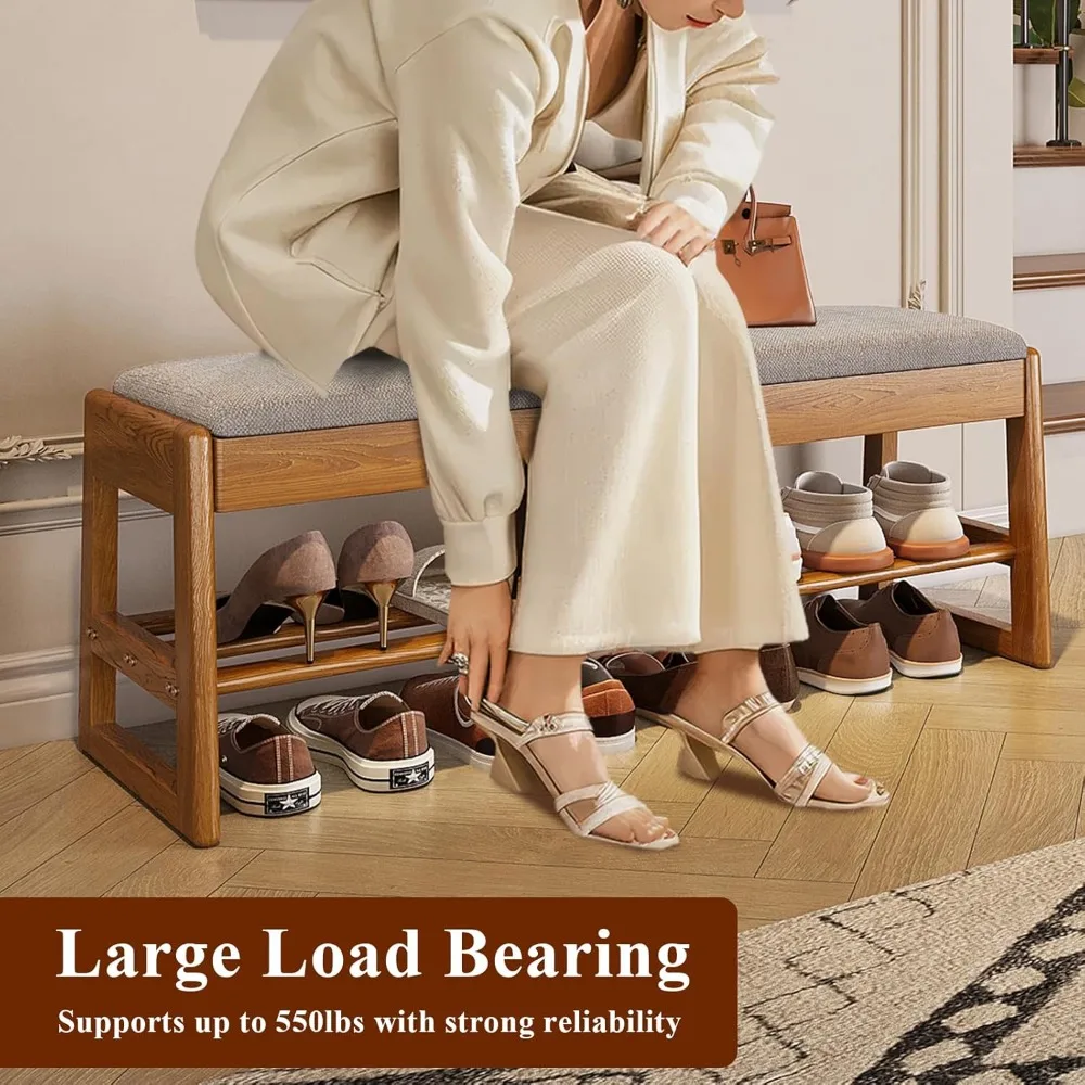 Banco de zapatero de madera de 2 niveles acolchado de algodón y lino: capacidad de 550 libras, diseño elegante y moderno para entradas y pasillos