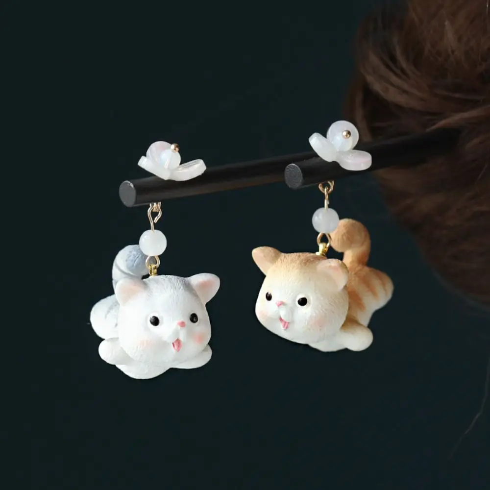 Cute Cat Wooden Hair Stick Tassel Chinese Style Hanfu Hairpin Hair Chopstick Hair Sticks for Buns Hanfu Accessories