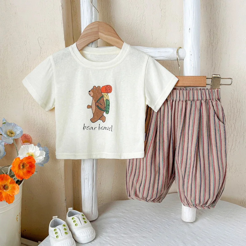 

Boys and girls summer short-sleeved set 2025 new cartoon cute children summer clothes go out foreign style two-piece set