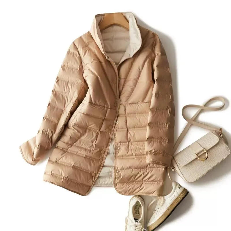 Two-Sided Winter Women Warm Down Coat Light Thin White Duck Down Jacket Parkas Female Single Breasted Midi Long Puffer Outwears