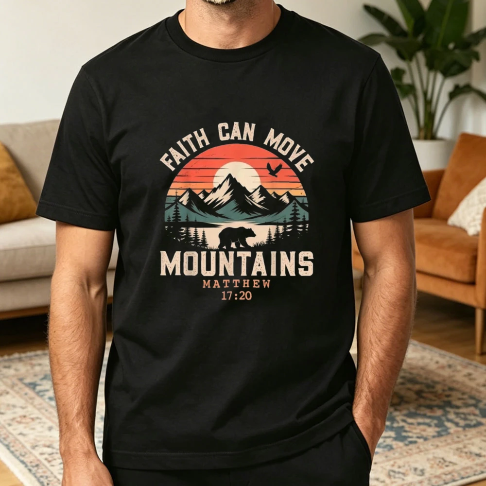 Faith Can Move Mountains Matthew 17:20 Christian Tee Pure Cotton Unisex Crew Neck Short Sleeve Loose Daily Casual Wear