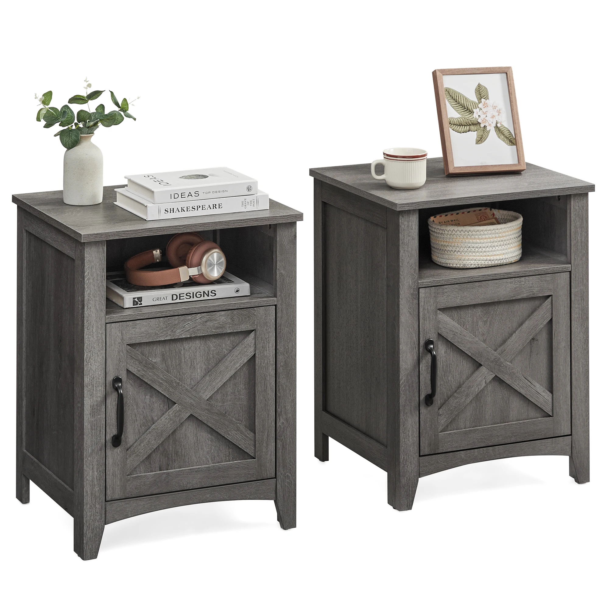 VASAGLE Farmhouse Nightstand With Barn Door, Set Of 2, Bedside Table With Storage, Side End Table, Night Stand With Open Comp