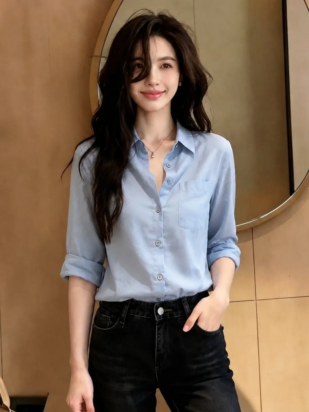 

Elegant Thin Collar Chiffon Shirt Pure Color Fashionable Summer Slimming Top Commute Style Women's Regular Fit Open Card...