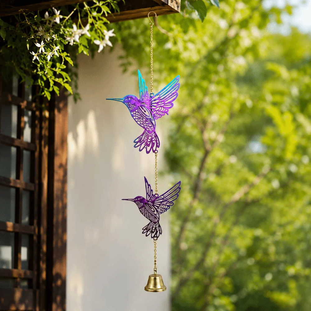 Hanging Pendant Hanging Wind Chime Garden Decor Hollow Out Hummingbird Wind Chimes 2D Flat DIY Sun Catcher Metal Bird Bell