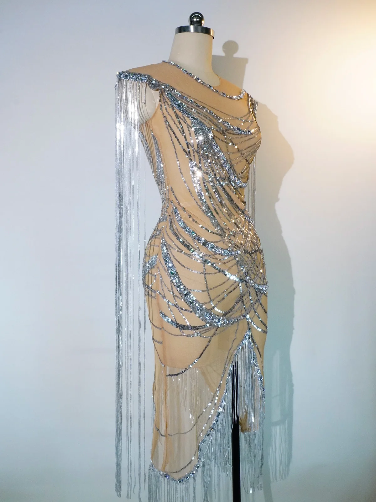 

Sexy Rhinestone Fringe Dress Women Sparkly Prom Birthday Wedding Costume Drag Queen Festival Outfit Stage Performance Club Wear