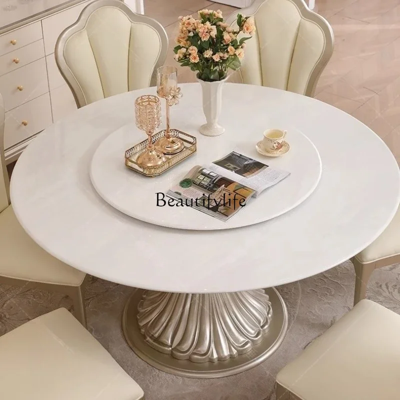 

Z.French light luxury dining table household American round table with turntable restaurant furniture