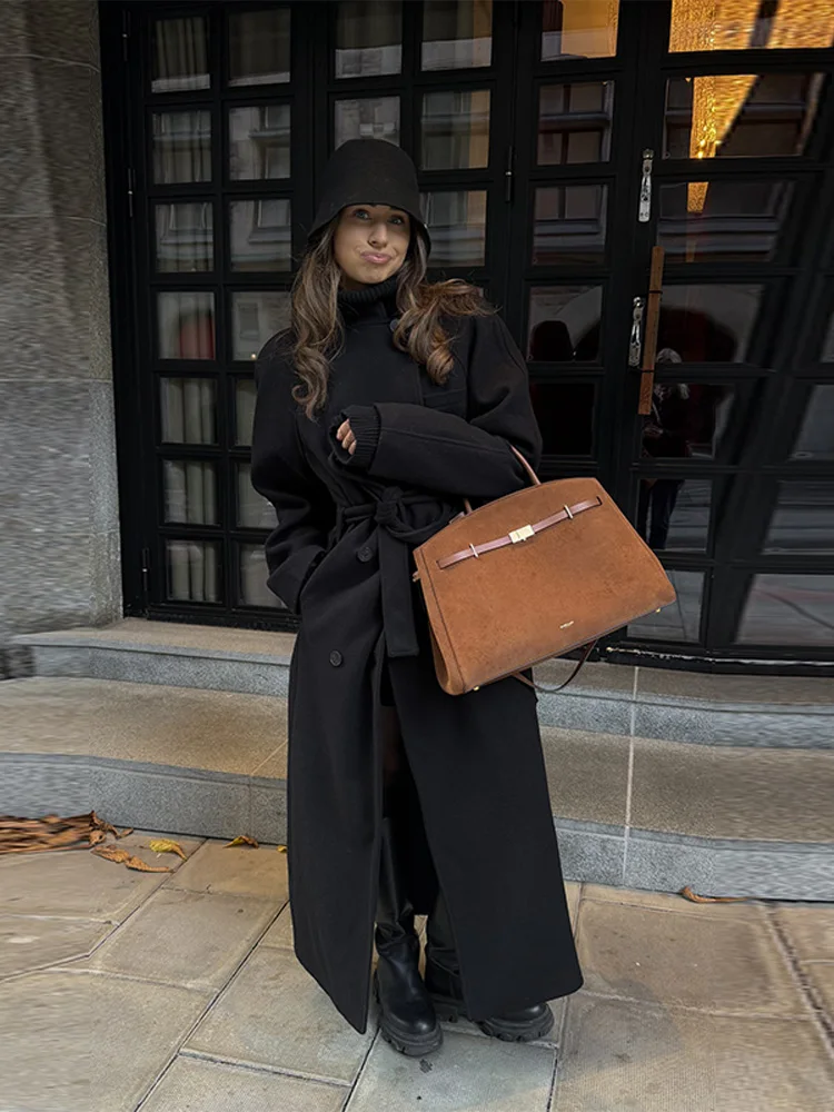 

Зимнее элегантное длинное пальто на шнуровке, двубортное черное пальто с длинным рукавом и круглым воротником, куртка 2025 г., женское винтажное универсальное пальто