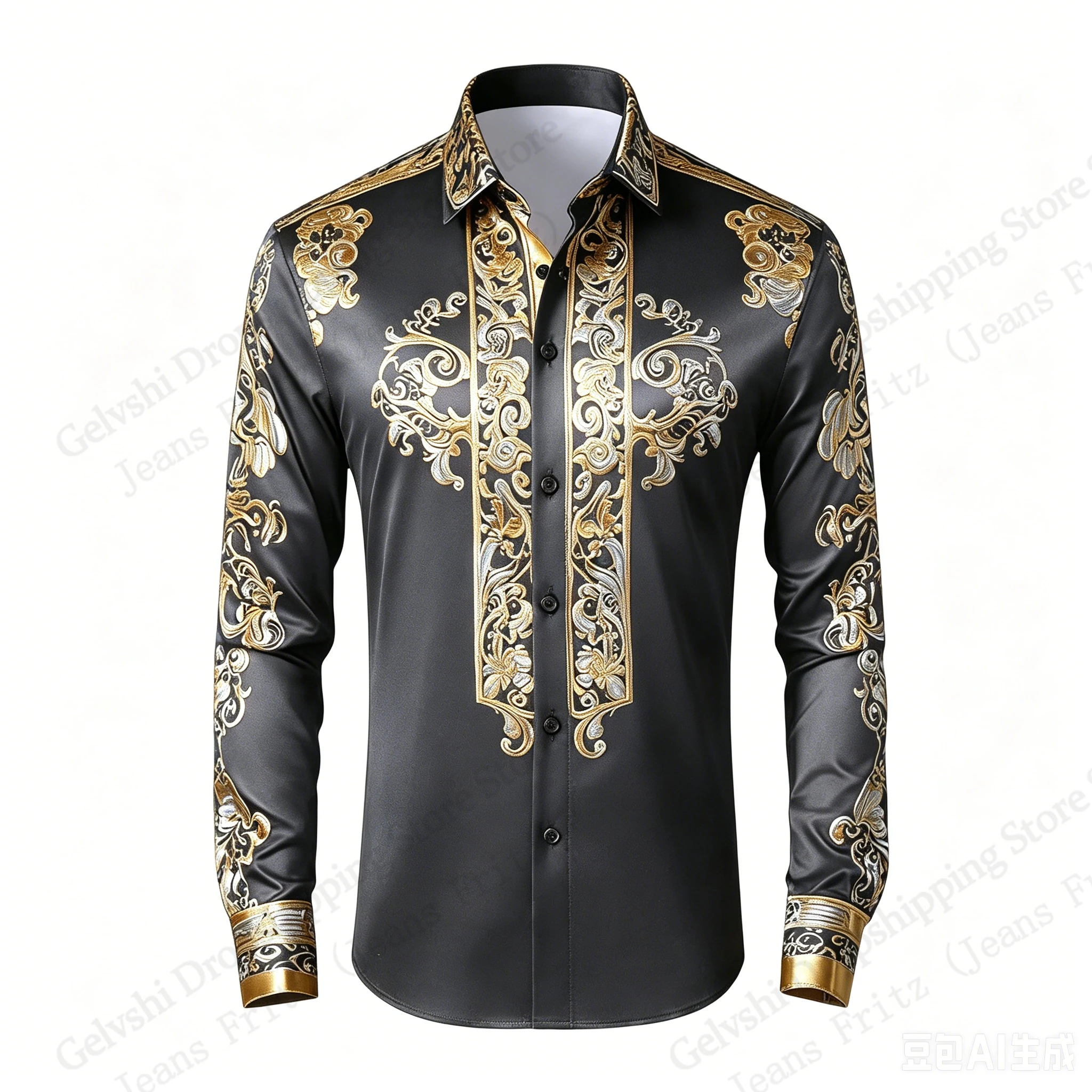 Long Sleeve Golden Shirt Baroque Luxury Pattern 3d Print Hawaiian Shirt Men Women Fashion Casual Shirt Slim Blouse Mens Clothing