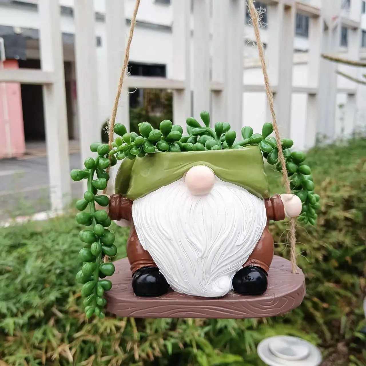 Dwarf Swing Hanging Planter - Resin Garden Ornament, Creative Outdoor Plant Pot