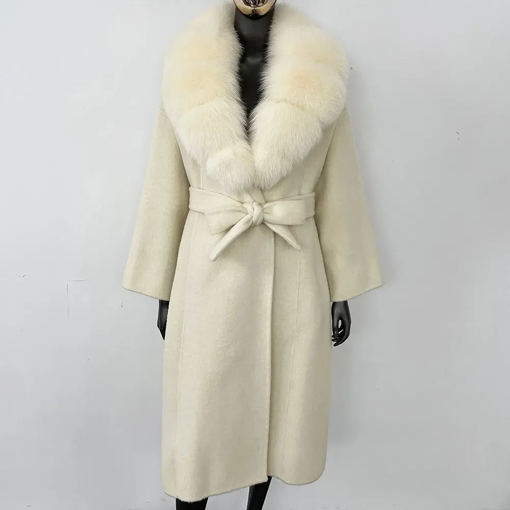 Natural gola de pele de raposa jaqueta com capuz casaco de pele real inverno feminino cashmere lã mistura casaco 2024 novo oversize senhoras outerwear