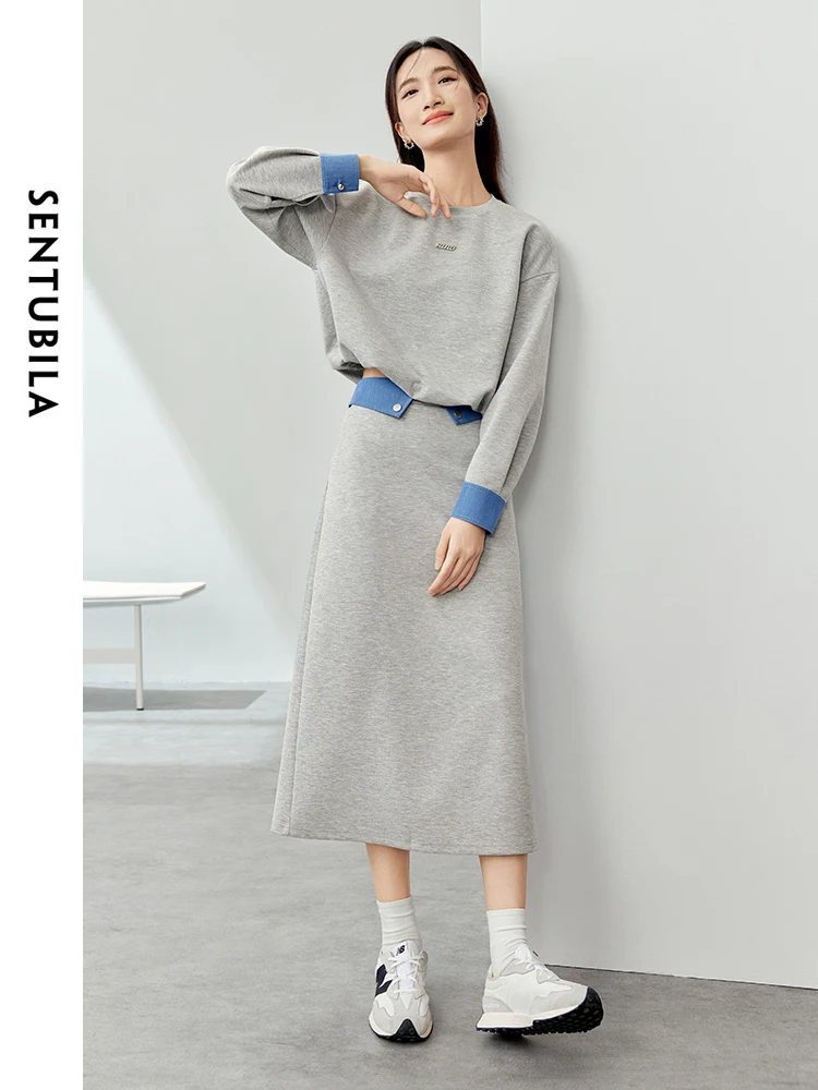 SENTUBILA Contrast Sweatshirt Skirt 2 Piece Women Sets 2024 Spring Autumn Casual Spliced Outfits New In Matching Sets 141Z53691