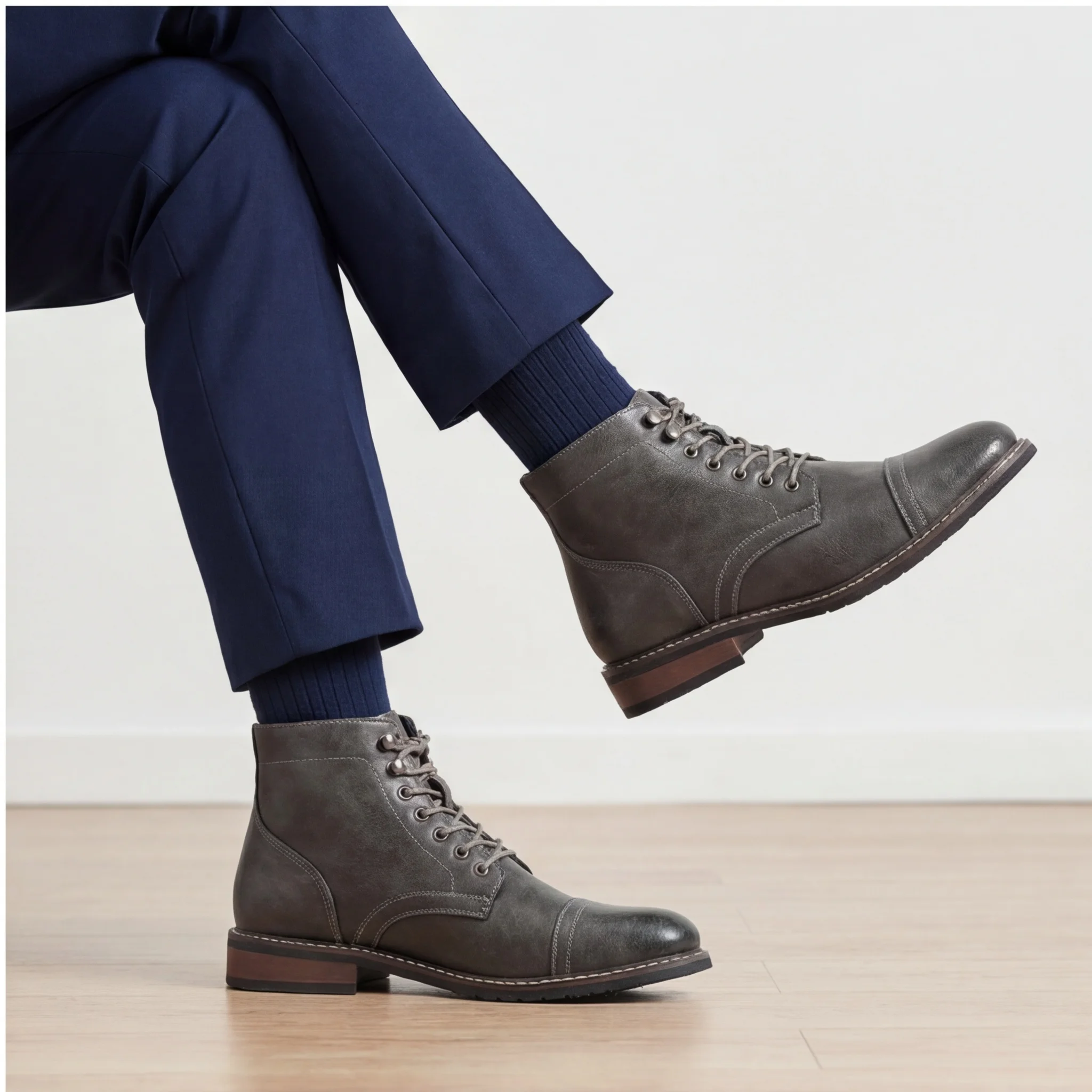 Herrenstiefel mit runder Zehenkappe, Schnürstiefel für Männer, schmale Außensohle mit niedrigem Blockabsatz, knöchelhohe Stiefel. – Detail 5