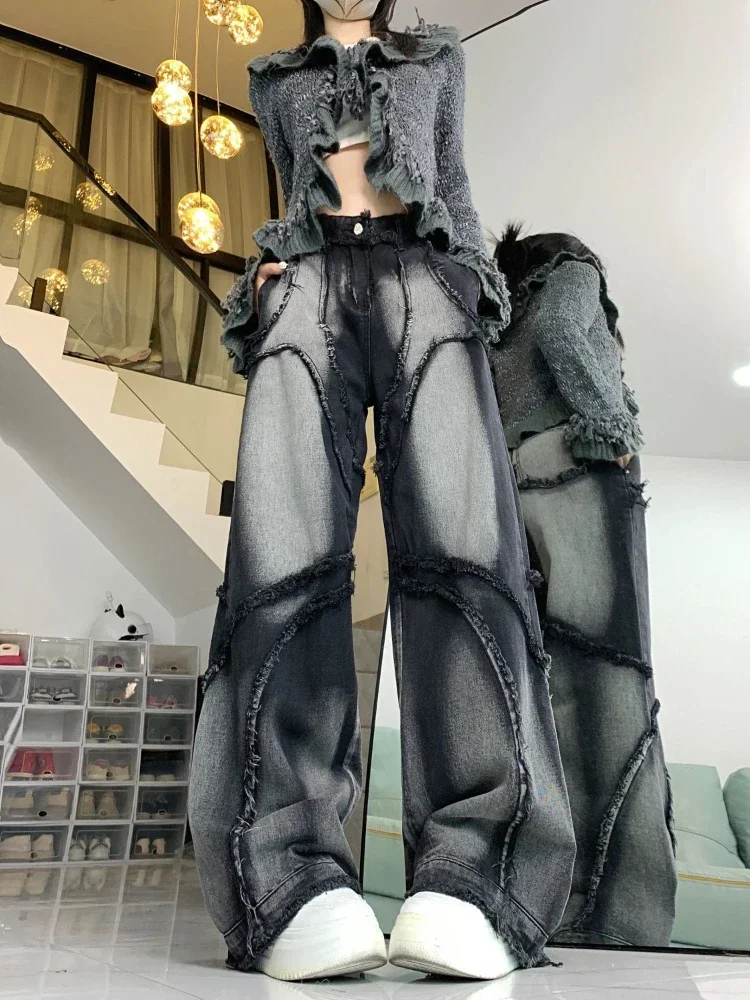 Houzhou grunge y2k carga jeans feminino perna larga hip-hop preto estético retalhos jeans baggy vintage denim calças streetwear