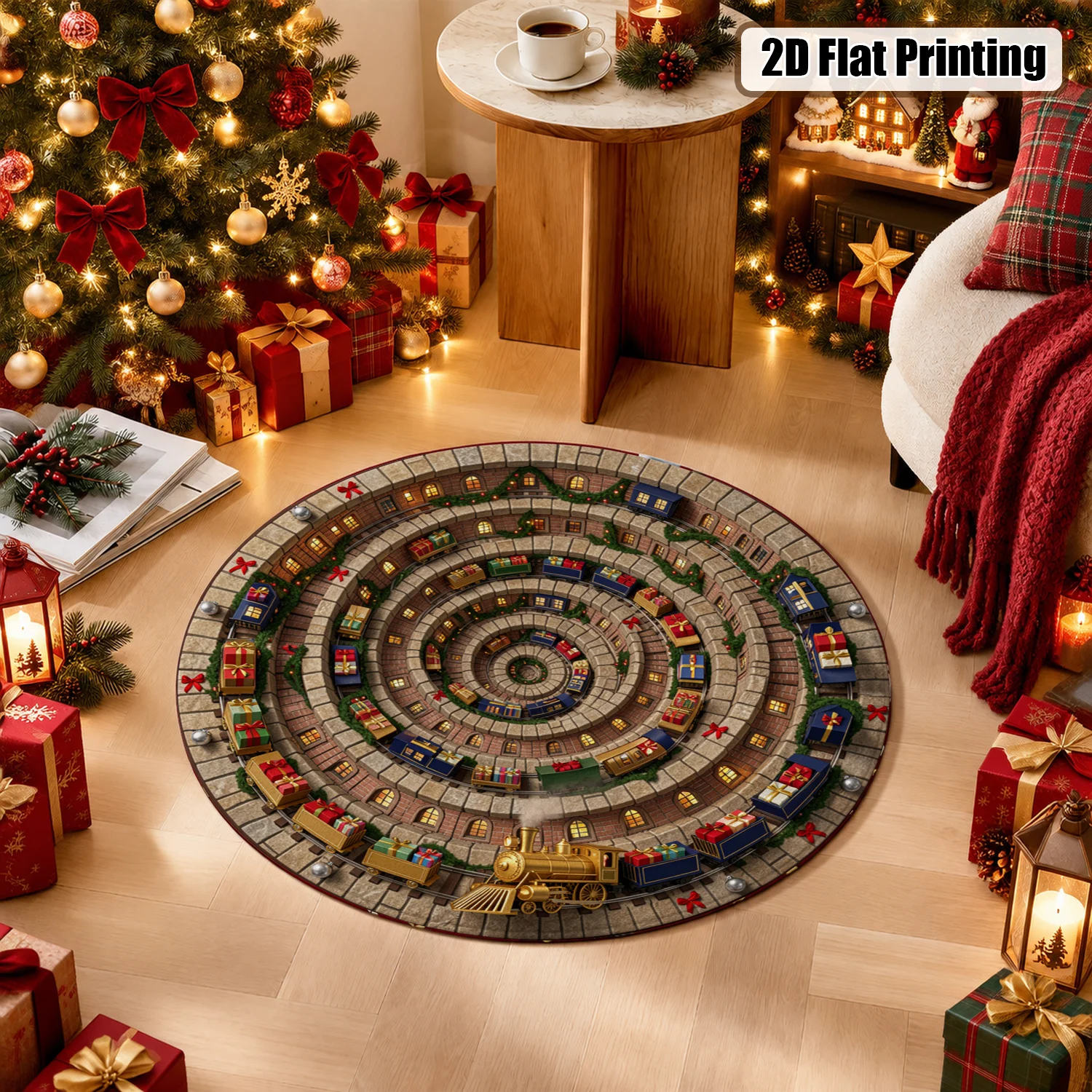 Spiral Christmas Train Village Design Velvet Decorative Item Machine Washable Living Room Table Office Entryway Halloween Thanksgiving Black Friday Christmas New Year