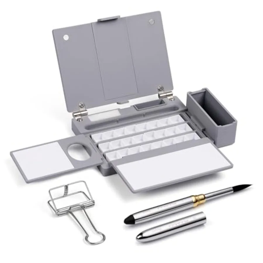 

Travel Watercolor Palette Box, All-in-One Portable Watercolor Kit with 24 Empty Removable Half-pan Grids, Travel Brush, Waterco