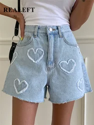 REALEFT High Waist Washed LOVE Printed Women's Denim Shorts 2024 New Spring Summer Casual Jeans Chic Straight Pants Female
