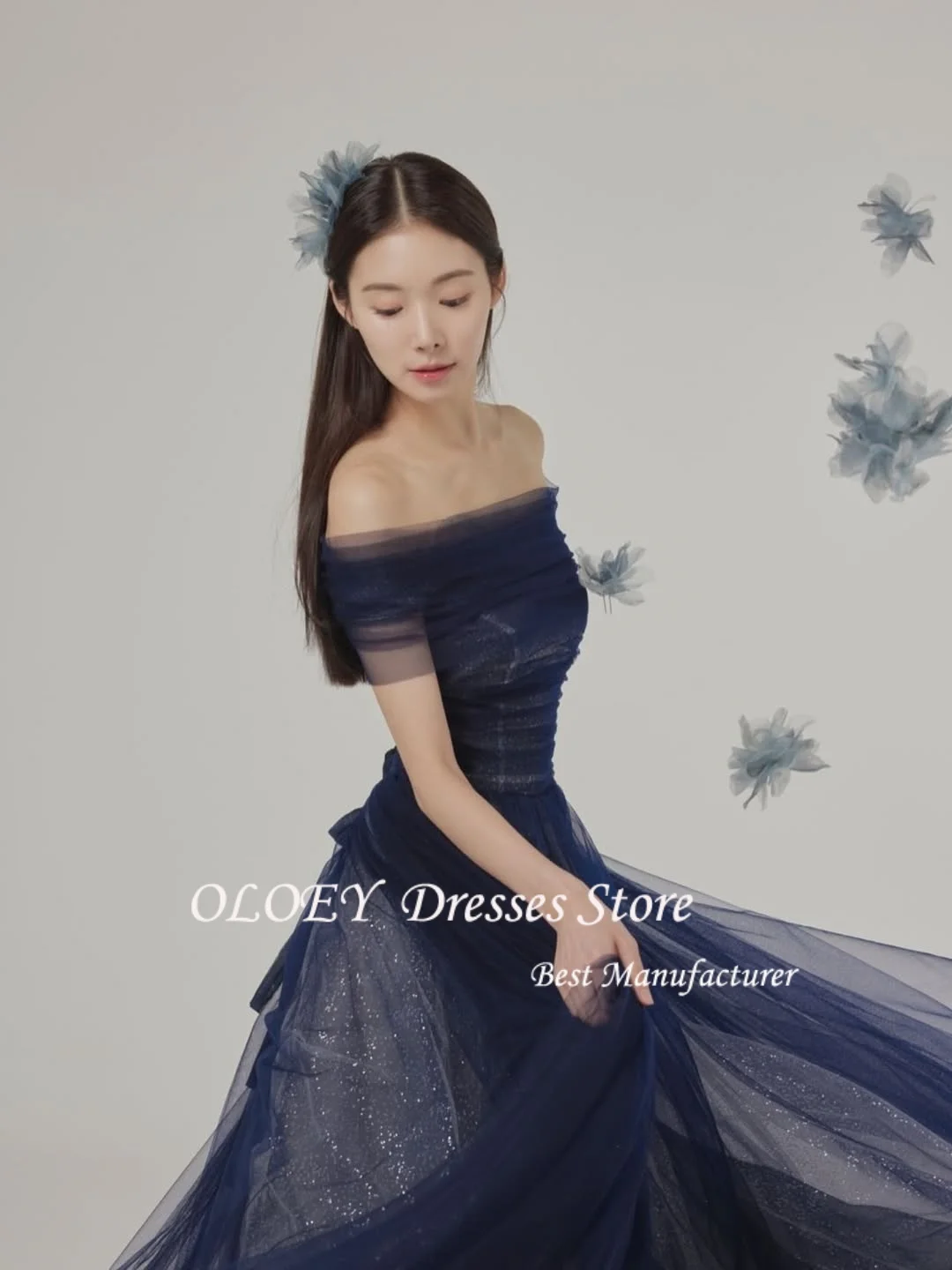 

OLOEY Shiny Dark Blue Korea Prom Dresses Women Detachable Long Sleeves Formal Event Special Evening Party Dress Customized