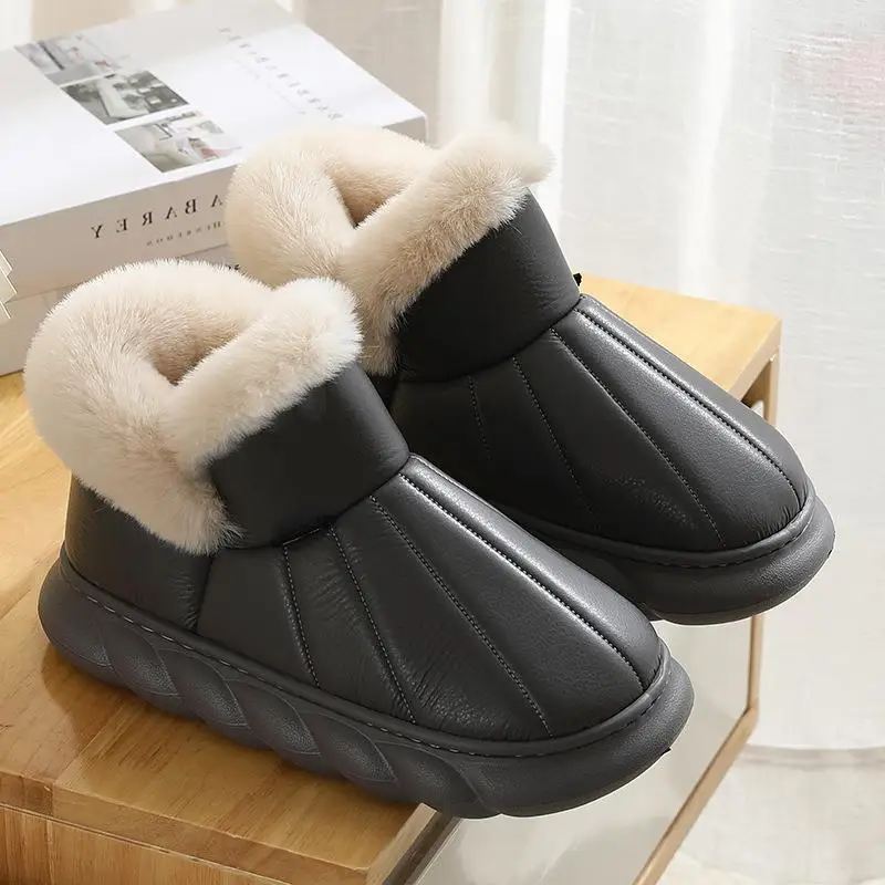 Thick Heeled Women Ankle Boots Waterproof PU Leather Cotton Shoes for Couples New Winter Anti Slip Warm Plush Furry Snow Boot