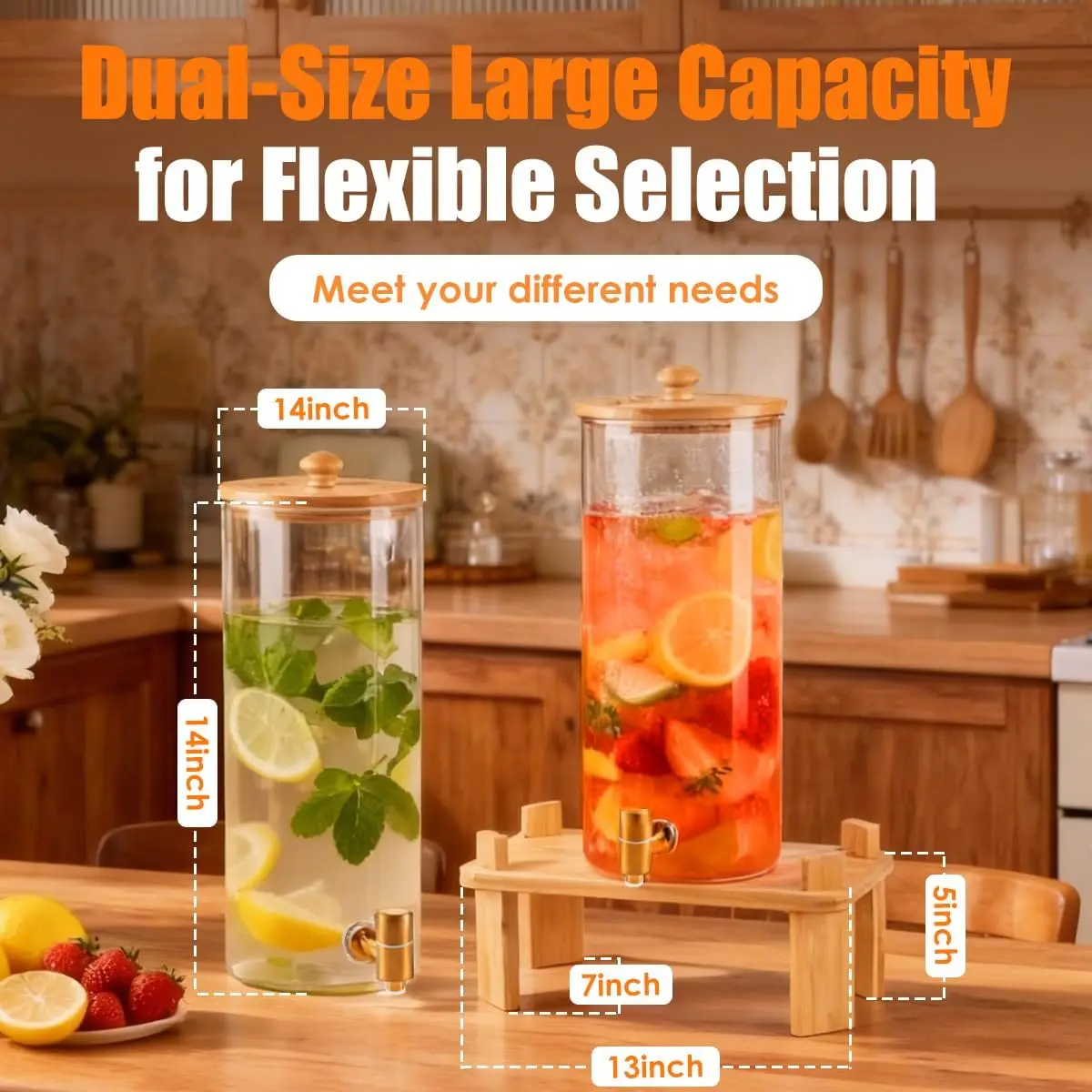 2 Gallon 2 Pack large Glass Drink dispenser for parties,Beverage Dispenser With Wood Stand,Water Dispensers with spigot,lemonade