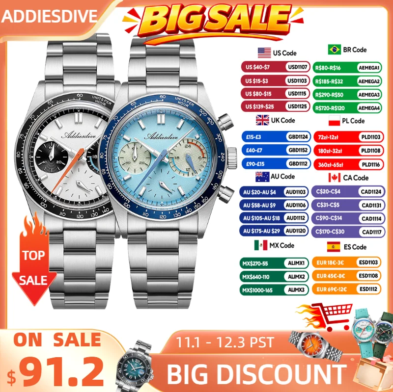 ADDIESDIVE Men Watches New Quartz Wristwatch Luxury VK63 Chronograph Super Luminous BGW9 Domed Glass Dive Watch 100m Waterproof