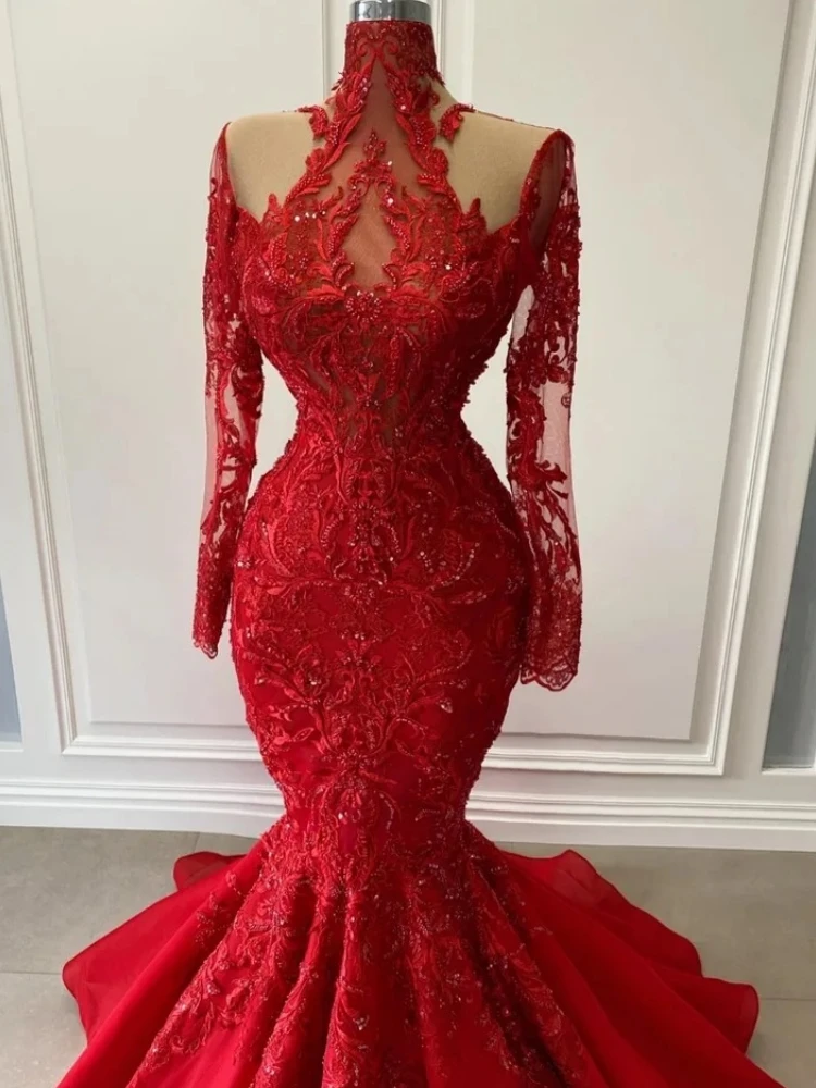 Custom Made Luxury Red Mermaid Evening Dresses Long Sleeve High Neck Lace Applique Long Women Formal Occasion Gown Party Wear