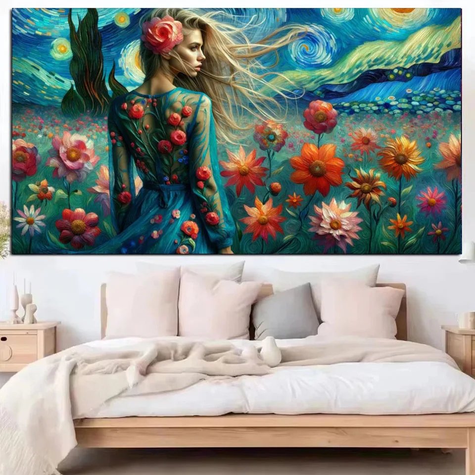 Van Gogh’s Style, Blonde Woman,Vibrant Flowers,5D Diamond Painting Landscape Kits Diamond Mosaic Embroidery Cross Stitch Kits