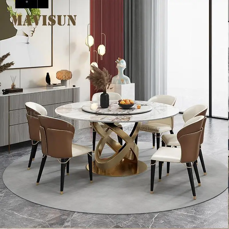 Mild Luxury Bright Rock Board Dining Table With Turntable Multifunctional Household Table And Chair Combination Furniture